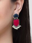 Silver Oxidized Ruby Red Monalisa Stone Earrings Kaan K...