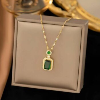 Gold Plated Stainless Steel Zircon Geometric Emerald Gr...