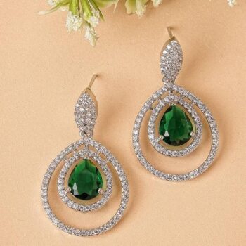 Rhodium Plated American Diamond Green Crystal Dual Tear...
