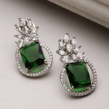 Silver Tone Green & White American Diamond studded Pais...