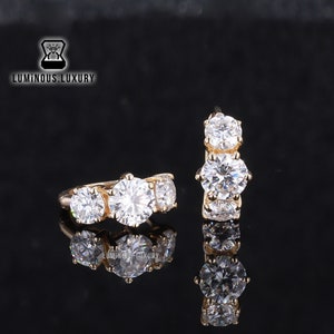 3 Stone Huggie Hoop Earrings, Sparky Round Cut Moissanite Anniversary Gift Earrings, Past Present Future Earrings For Women, Bridal Earrings